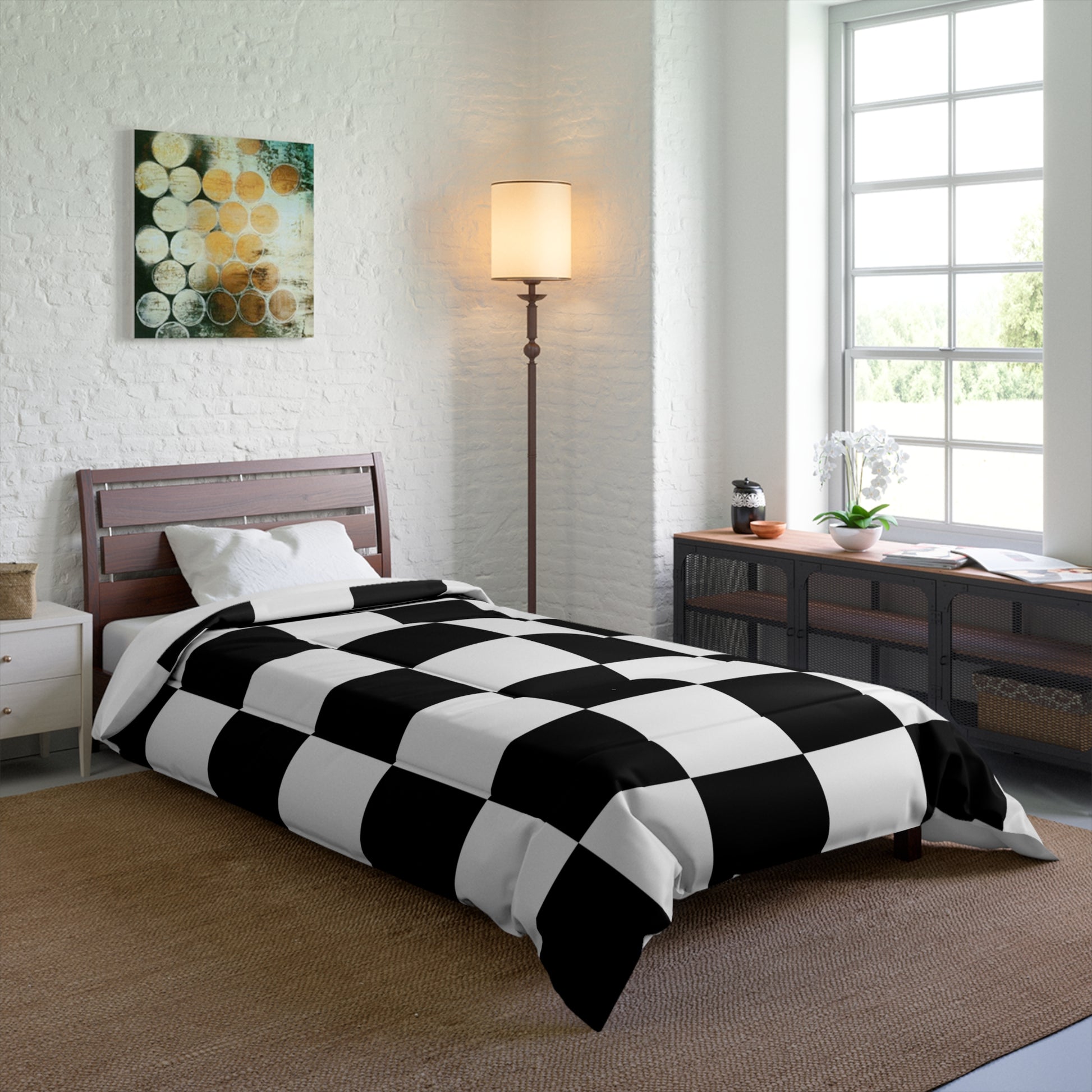 Design Comforter – stilvolle Tagesdecke mit weichem Griff - Black & White Chess - WOOVE