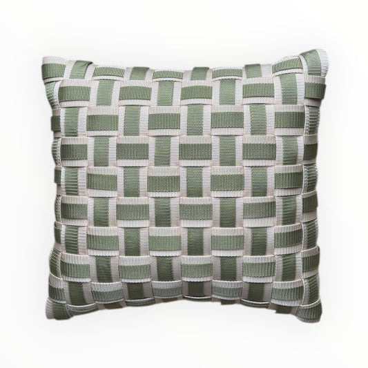 WOOVE Handgewebtes Designer-Kissen  - Grid Ästhetik in Creme & Helloliv / Kissenbezug