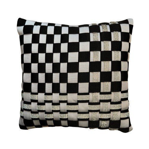 01 CHESS DELUXE Black &amp; White with Rhinestones in Silver l Cushion Cover