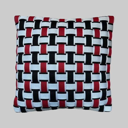 WOOVE Handgewebtes Designer-Kissen  - Grid Ästhetik in Weiß, Schwarz & Rot l Kissenbezug - WOOVE