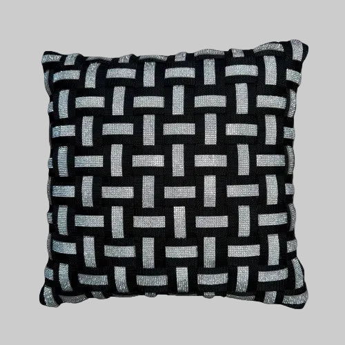 WOOVE Handgewebtes Designer-Kissen  - Grid Ästhetik in Schwarz mit Silberstrass Luxe l Kissenbezug / Luxury Edition - WOOVE