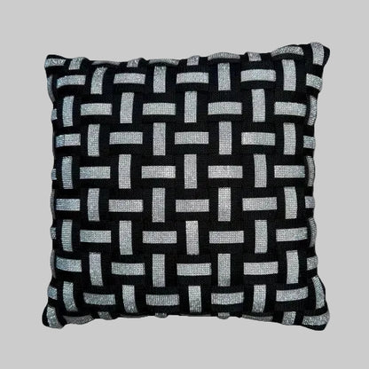 WOOVE Handgewebtes Designer-Kissen  - Grid Ästhetik in Schwarz mit Silberstrass Luxe l Kissenbezug / Luxury Edition - WOOVE