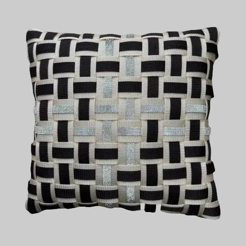 WOOVE Handgewebtes Designer-Kissen  - Grid Ästhetik in Creme & Dunkelbraun mit Silberstrass l Kissenbezug / Luxury Edition - WOOVE
